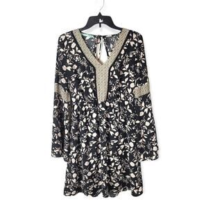Maurices Dark Floral Long‎ Bell Sleeve Mini Dress Size Small Boho Whimsigoth